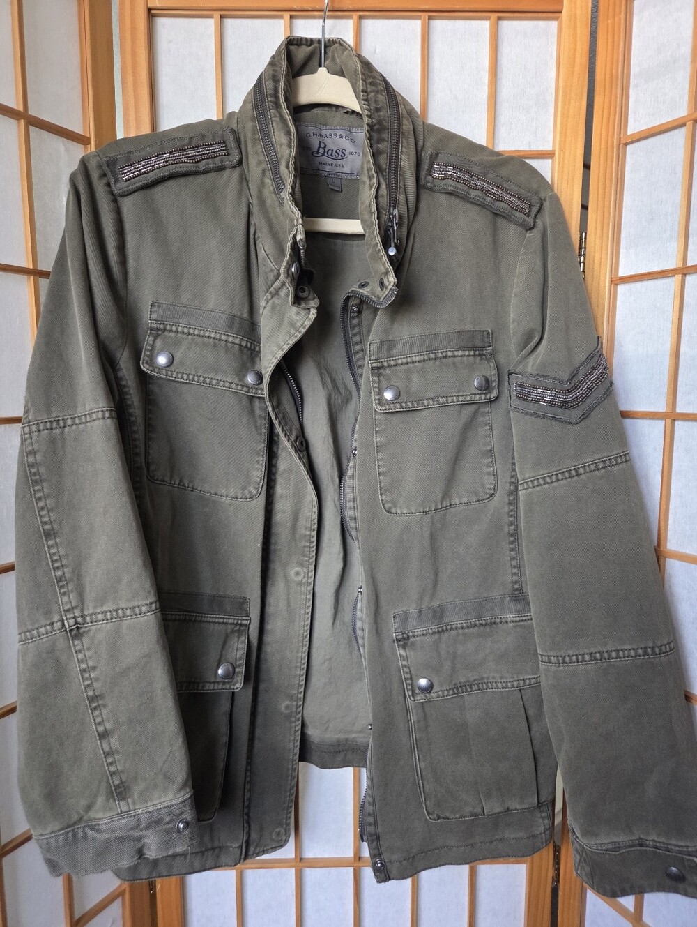 NEW WOMENS BASS USA MILITARY STYLE GREEN COTTON WITH POCKETS & HOOD SIZE LARGE